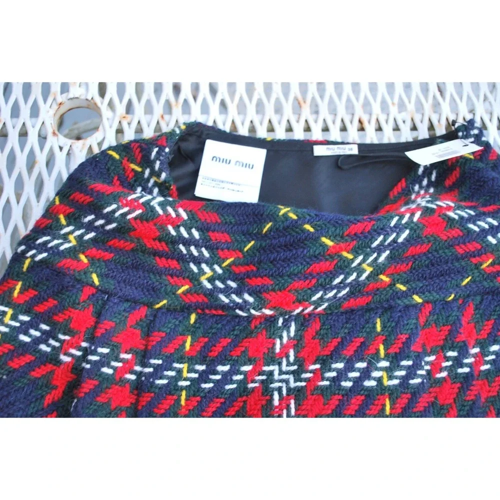 NWT Miu Miu Wool Tweed Pleated Mini Skirt in Navy Red Italy Size 38 US-2 XS